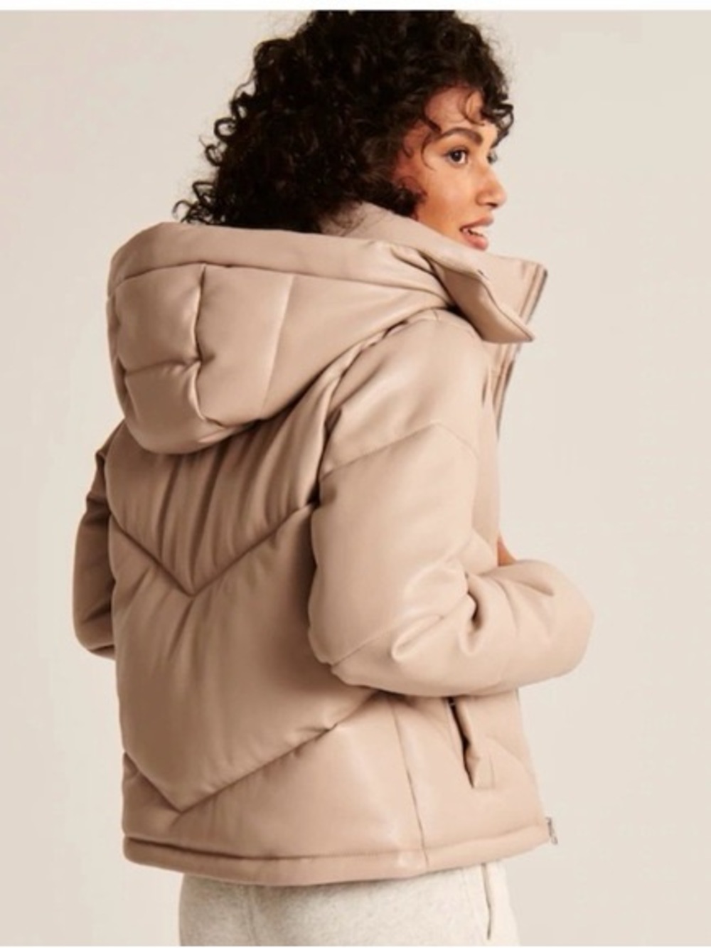 Abercrombie & Fitch Light Beige Puffer Jacket with High Collar - Picture 2 of 8